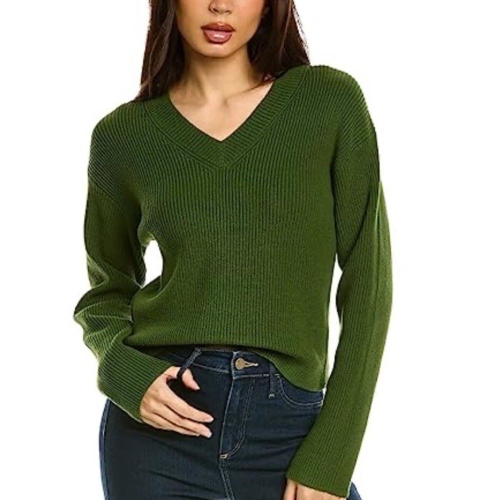 Vince Drop Shoulder V-Neck Sweater Green Herb Cotton Size Medium